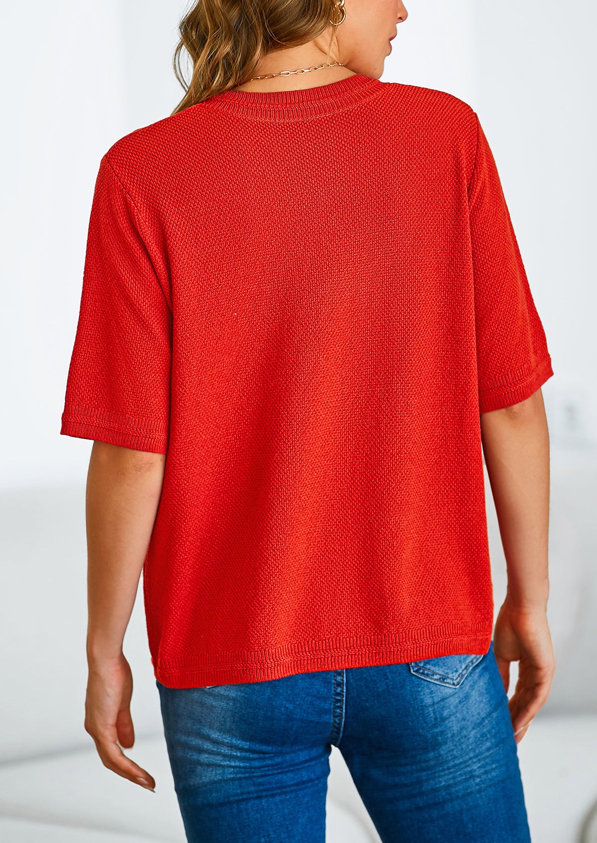 Button Down Casual Short Sleeve Crew Neck Ribbed Knit Shirts