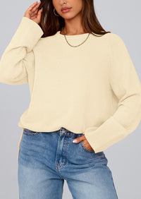 Knit Long Sleeve Crew Neck Split Hem Loose Oversized Tunic Sweaters
