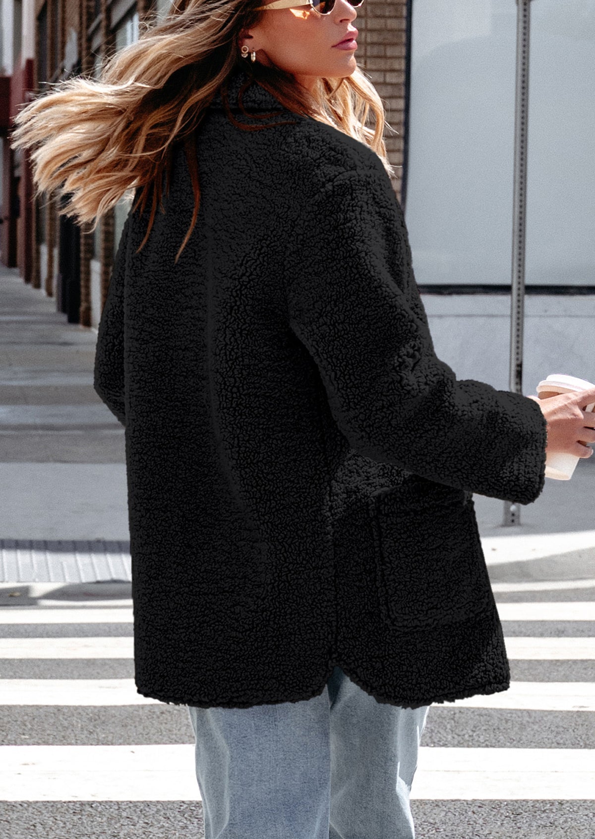 Long Sleeve Lapel Button Down Pockets Fleece Faux Fur Coats