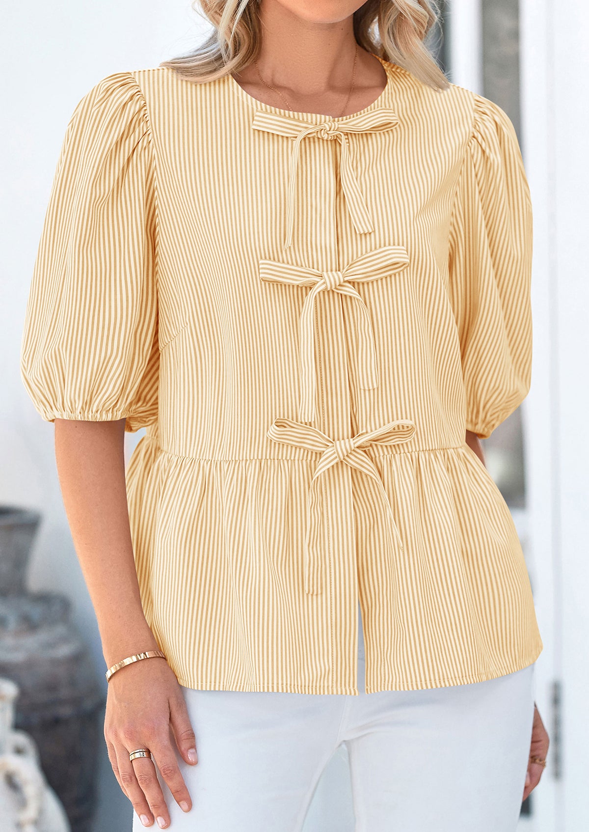 Striped Round Neck Front, Lace Up Bubble Sleeves Tops