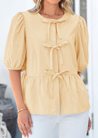 Striped Round Neck Front, Lace Up Bubble Sleeves Tops