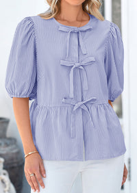 Striped Round Neck Front, Lace Up Bubble Sleeves Tops