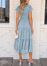 Floral  Summer Cap Sleeve Smocked Ruffle A Line Long Flowy Wedding Guest Midi Dresses