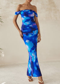 Ruched Bodycon Off Shoulder Floral Mesh Cocktail Party Fitted Maxi Dress