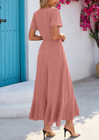 Leisure Bohemian Flower V-Neck Short Sleeved Ruffled Beach Long Skirt