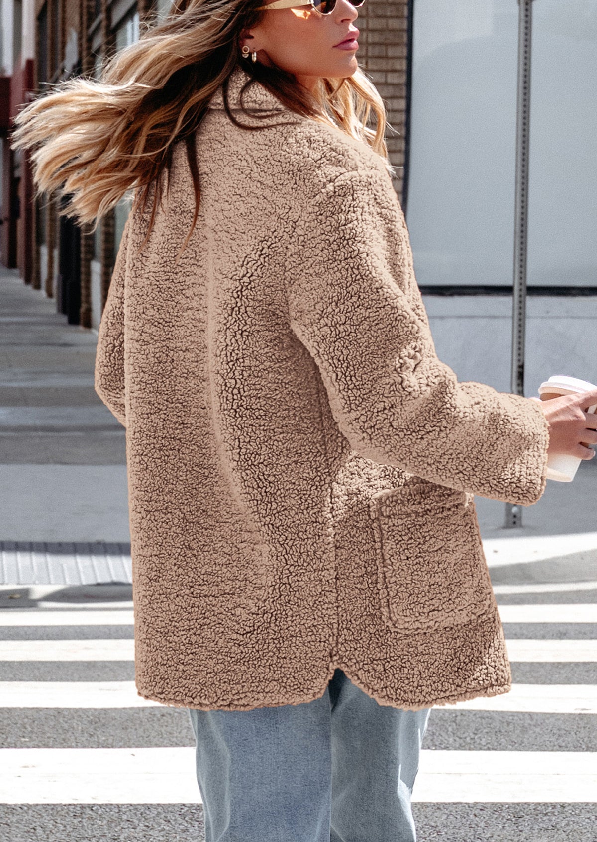 Long Sleeve Lapel Button Down Pockets Fleece Faux Fur Coats