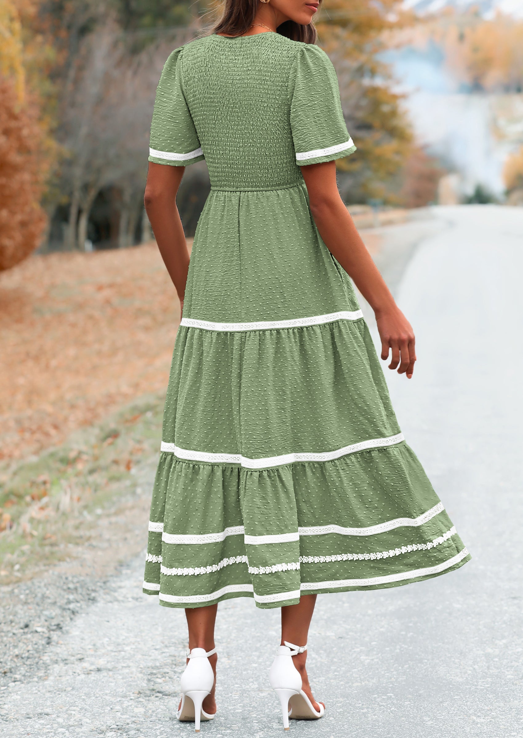 PRETTYGARDEN Women's Casual Summer Maxi Dress Short Sleeve Swiss Dot V Neck Smocked Long Flowy Beach Dresses