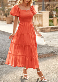 Casual Short Sleeved Square Neck Layered Pleated Dress