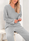 PRETTYGARDEN Women's 2 Piece Lounge Sets Ribbed Knit Long Sleeve V Neck Pullover Tops Wide Leg Pants Spring Fall Outfits
