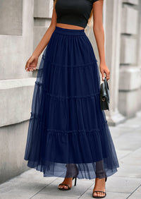 PRETTYGARDEN Maxi Skirts for Women Fall Tulle High Waisted Ruffle Flowy A-Line Long Skirt Country Concert Outfits