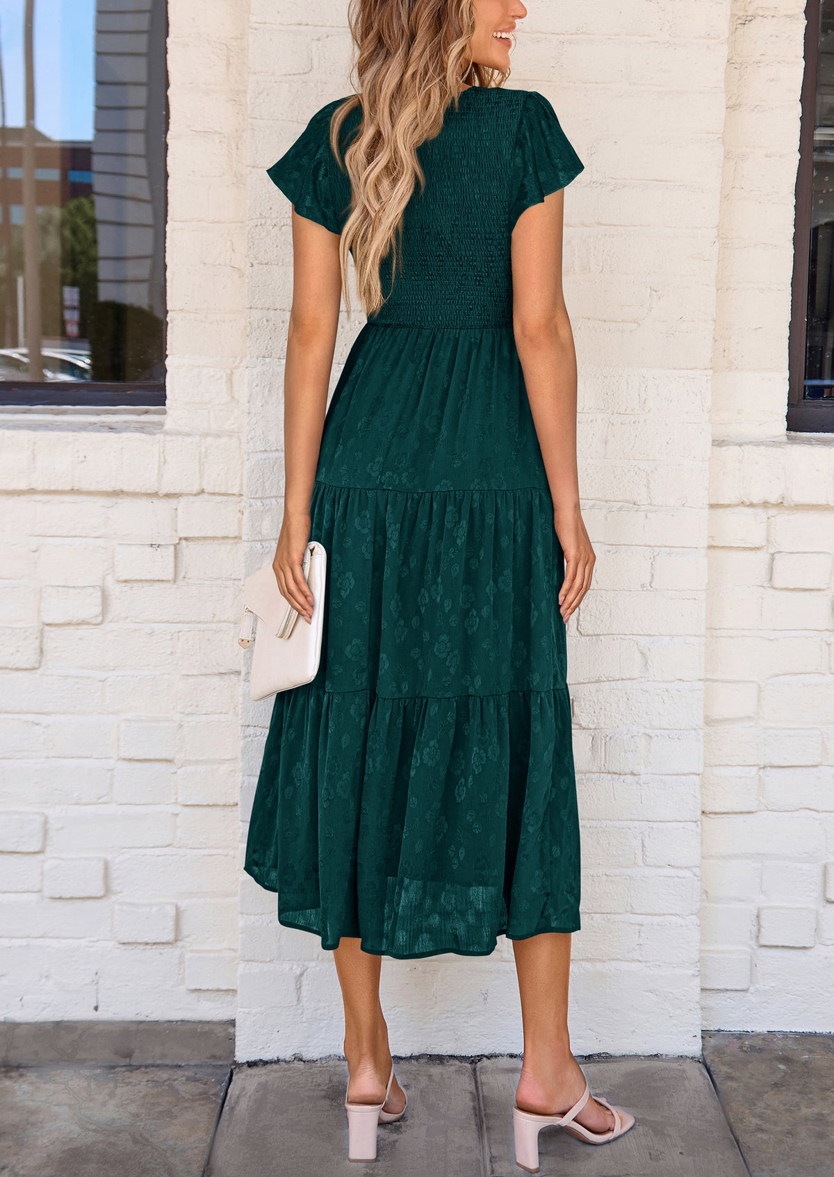 Floral  Summer Cap Sleeve Smocked Ruffle A Line Long Flowy Wedding Guest Midi Dresses