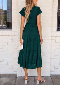 Floral  Summer Cap Sleeve Smocked Ruffle A Line Long Flowy Wedding Guest Midi Dresses