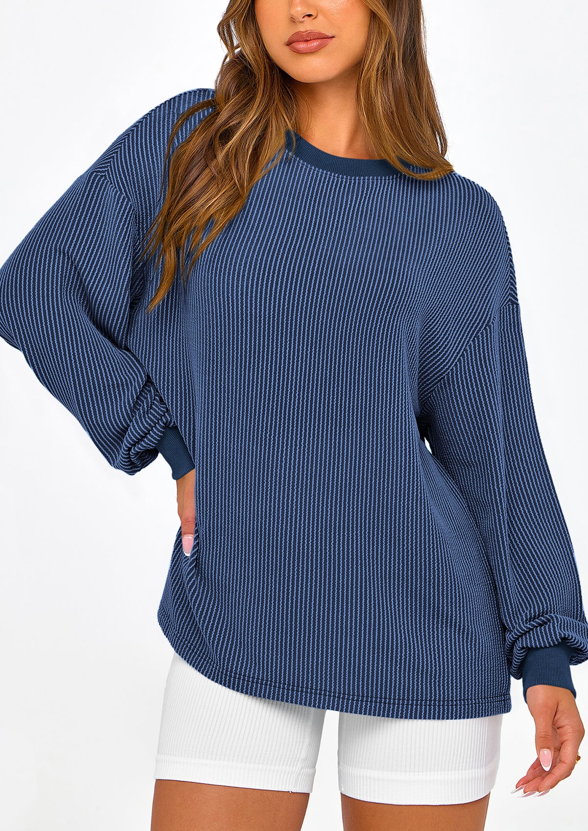 Long Sleeve Casual Loose Crew Neck Ribbed Blouse