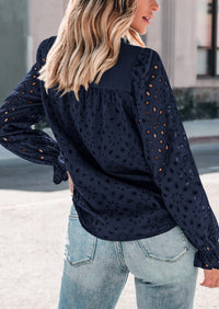 Puff Long Sleeve Button V Neck Hollow Out Lace Embroidered Casual Pullover Blouses