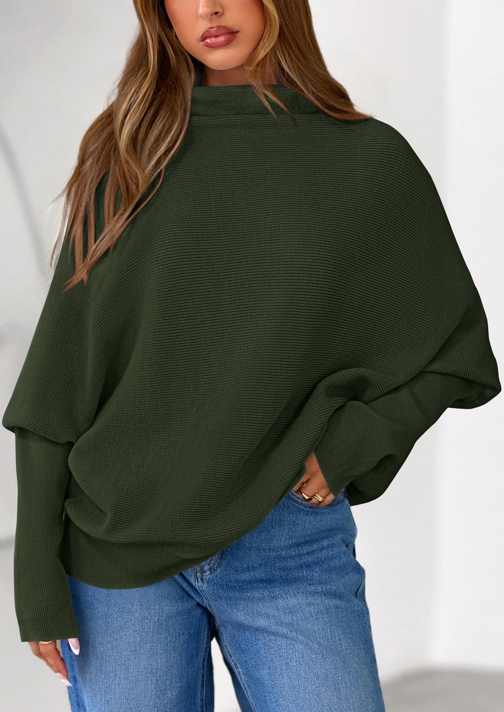 PRETTYGARDEN Womens Sweaters Fall Fashion Casual Loose Turtleneck Batwing Long Sleeve Knit Sweater Pullover Tops