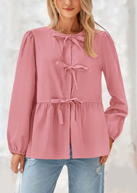 Babydoll Peplum Puff Long Sleeve Bow Tie Front Y2K Blouses