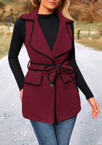 Tweed Sleeveless Lapel Button Front Belt Color Block Vest Jackets