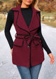 Tweed Sleeveless Lapel Button Front Belt Color Block Vest Jackets