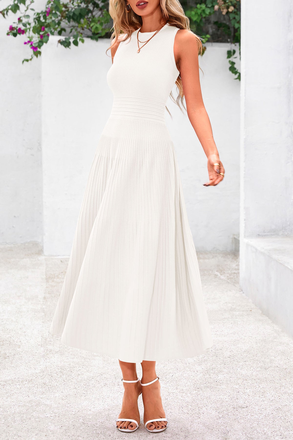 Sleeveless Crew Neck Knit A Line Pleated Swing Wedding Guest Casual Midi Dresses