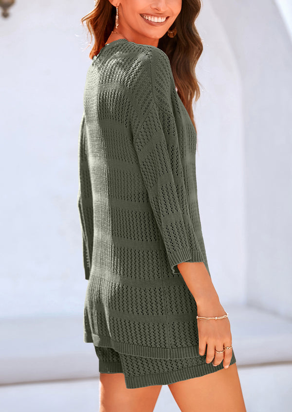 Cover up Hollow Out Knit Half Sleeve 2 Piece Sets