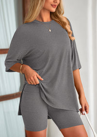 Casual Short Sleeved Round Neck Top Paired With Shorts Two-Piece Set