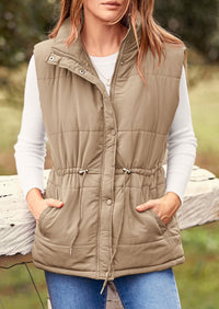Casual Button Zipper Vest, Drawstring Sleeveless Jacket