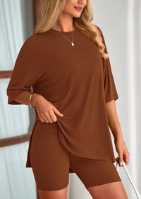 Casual Short Sleeved Round Neck Top Paired With Shorts Two-Piece Set