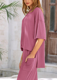 Short Sleeve Pullover Tops And Wide Leg Pants Two Piece Sets