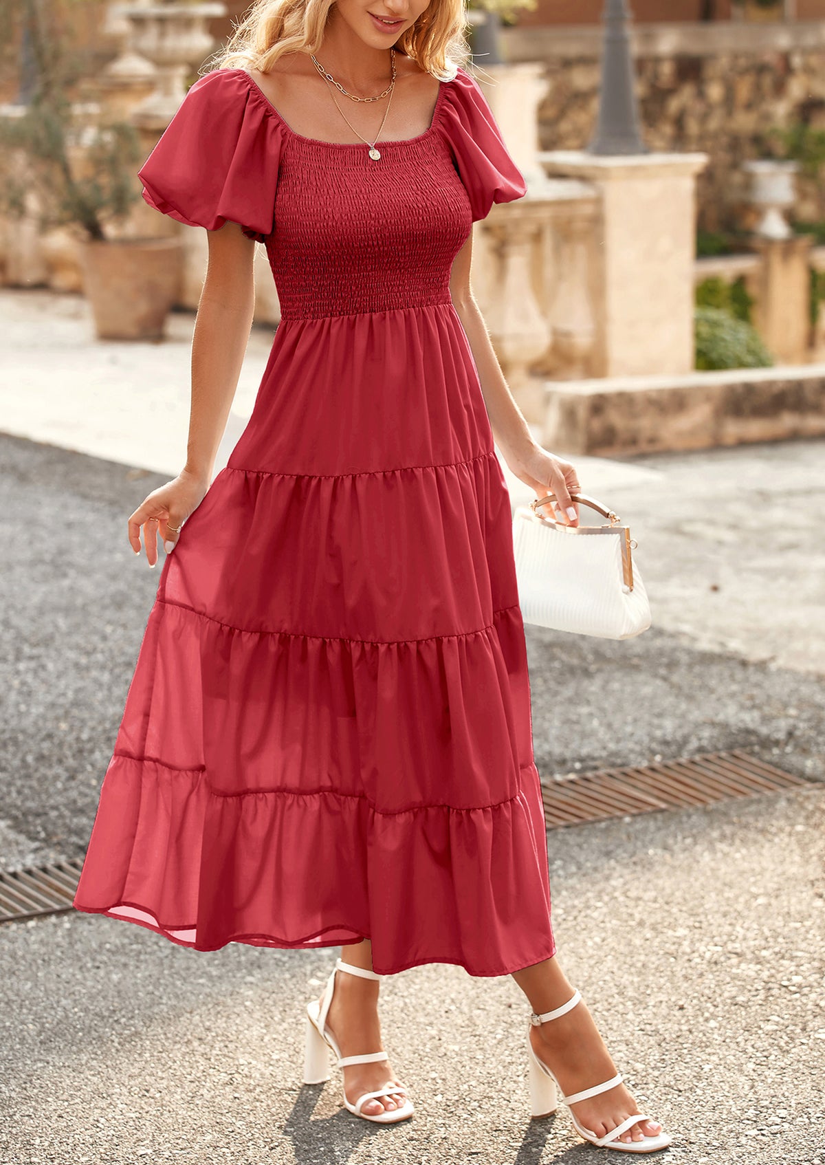 Casual Short Sleeved Square Neck Layered Pleated Dress