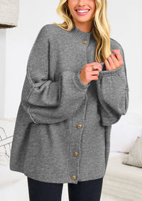 PRETTYGARDEN Women's Winter Button Down Cardigan Sweaters Mock Neck Lantern Long Sleeve Chunky Knit Jacket Trendy Outerwear
