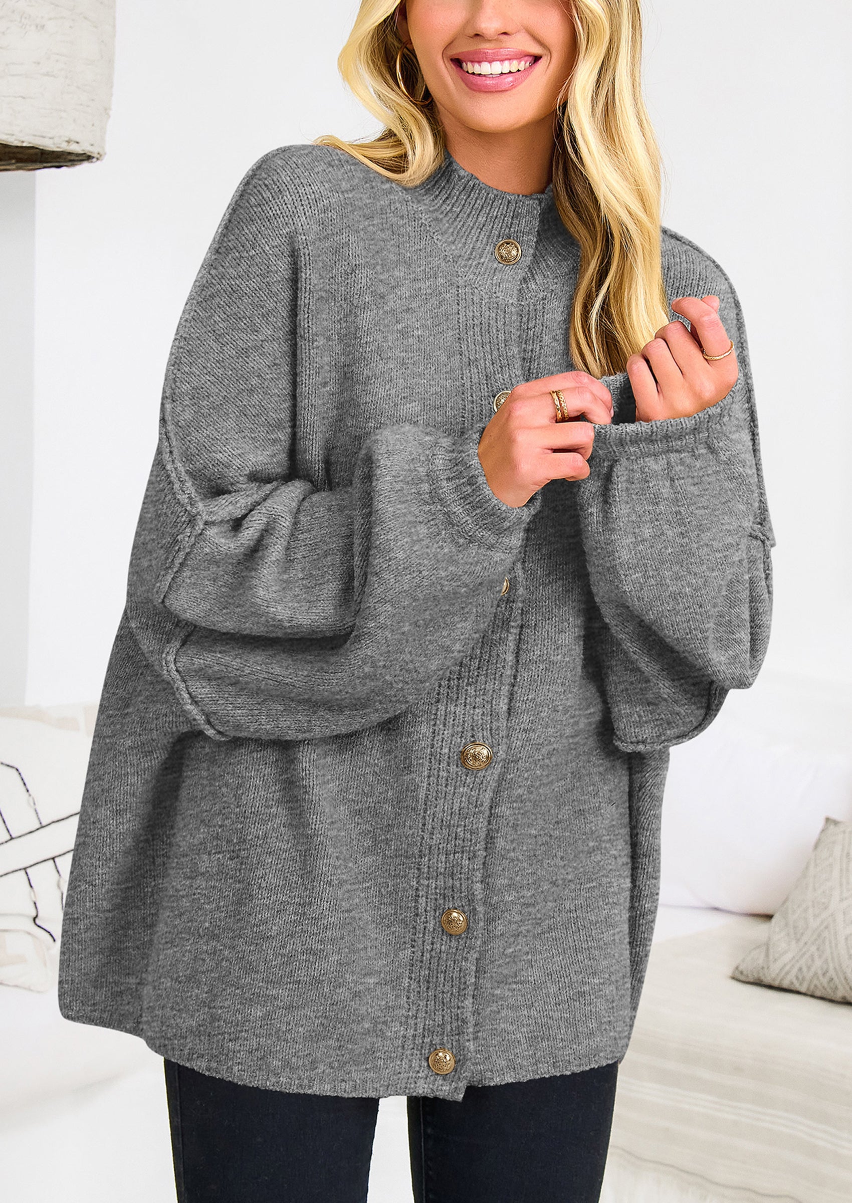 PRETTYGARDEN Women's Winter Button Down Cardigan Sweaters Mock Neck Lantern Long Sleeve Chunky Knit Jacket Trendy Outerwear