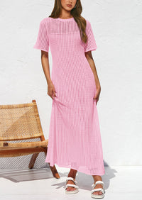 Eyelet Beach Vacation Resort Short Sleeve Hollow Out Dress Cover Up Maxi Dresses