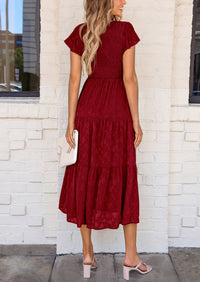 Floral  Summer Cap Sleeve Smocked Ruffle A Line Long Flowy Wedding Guest Midi Dresses