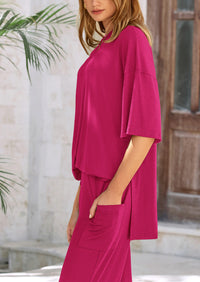 Short Sleeve Pullover Tops And Wide Leg Pants Two Piece Sets