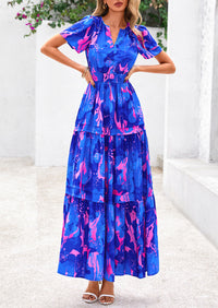 Boho Floral Short Sleeve V Neck A Line Tiered Ruffle Flowy Long Beach Vacation Maxi Dresses