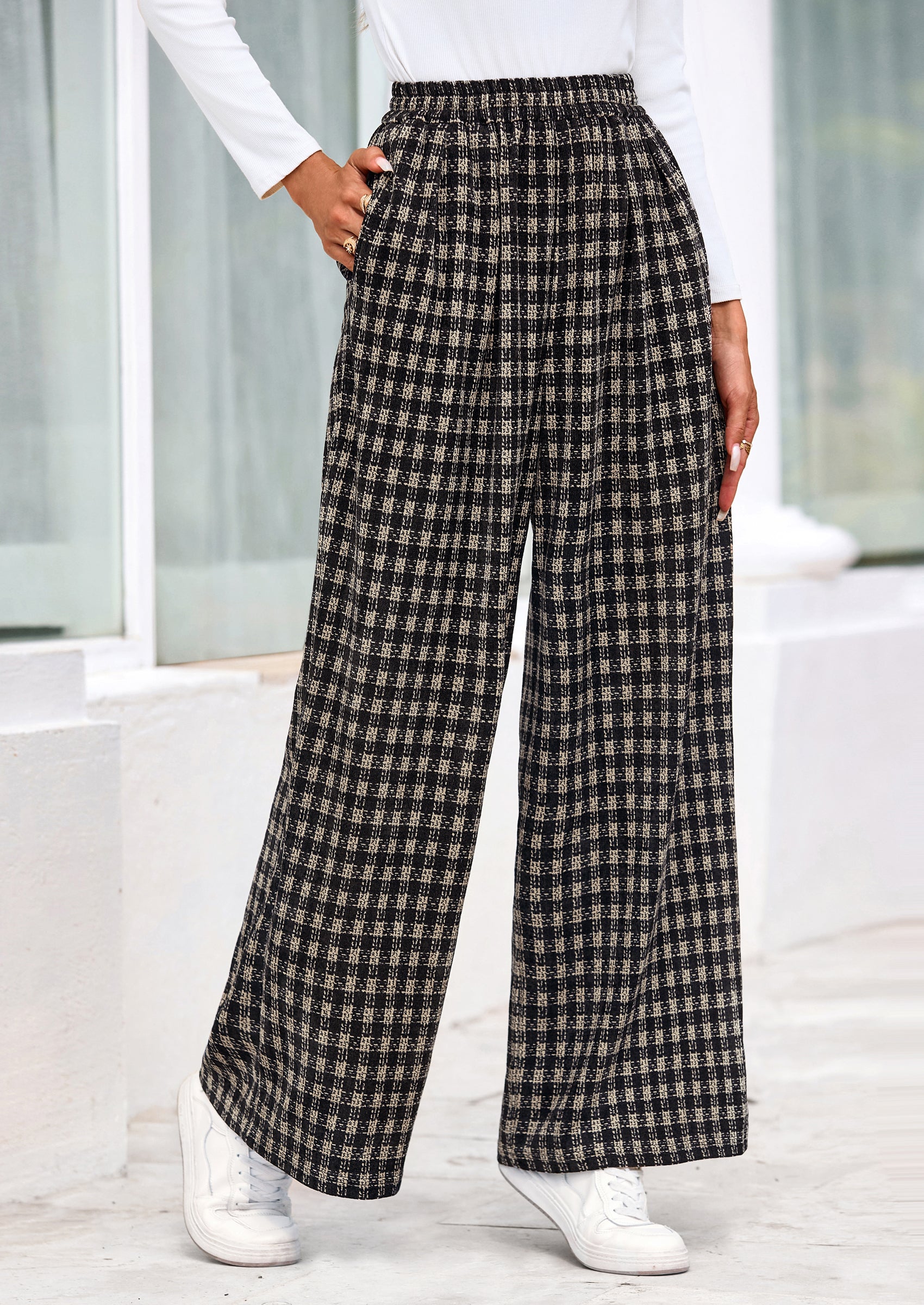 PRETTYGARDEN Casual Women's Pants Elastic Waist Palazzo Long Stretchy Wide Leg Trousers Knit Fall Outfits with Pockets