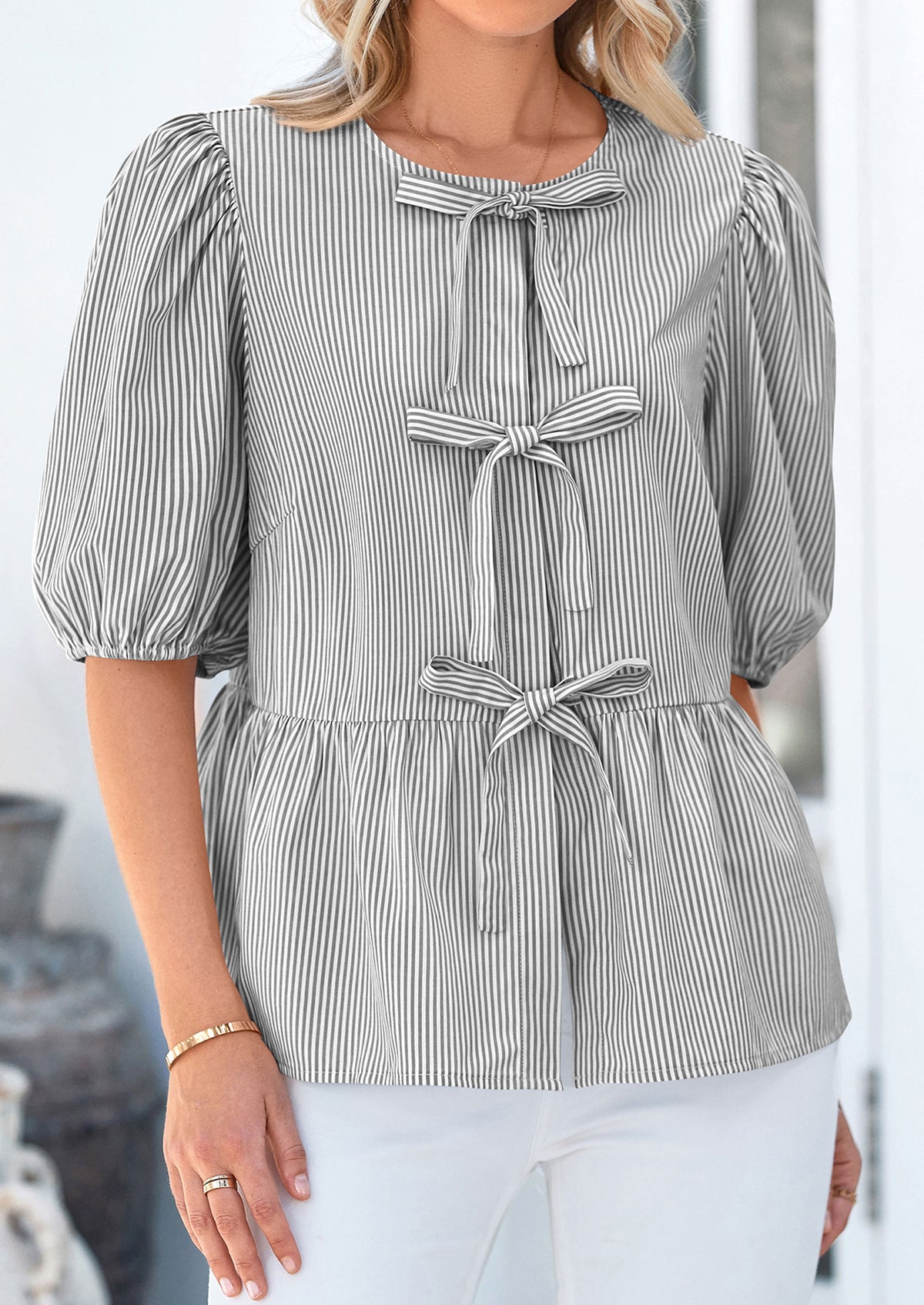 Striped Round Neck Front, Lace Up Bubble Sleeves Tops