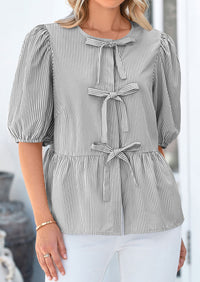 Striped Round Neck Front, Lace Up Bubble Sleeves Tops