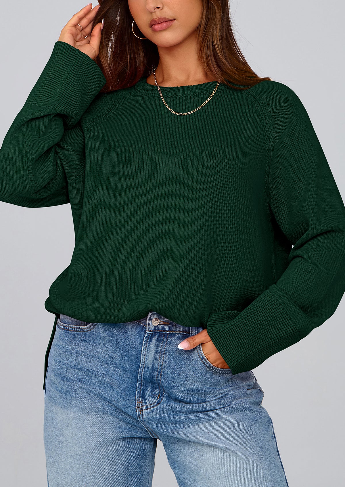 Knit Long Sleeve Crew Neck Split Hem Loose Oversized Tunic Sweaters