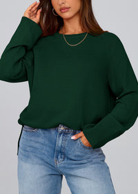 Knit Long Sleeve Crew Neck Split Hem Loose Oversized Tunic Sweaters