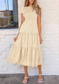Floral  Summer Cap Sleeve Smocked Ruffle A Line Long Flowy Wedding Guest Midi Dresses