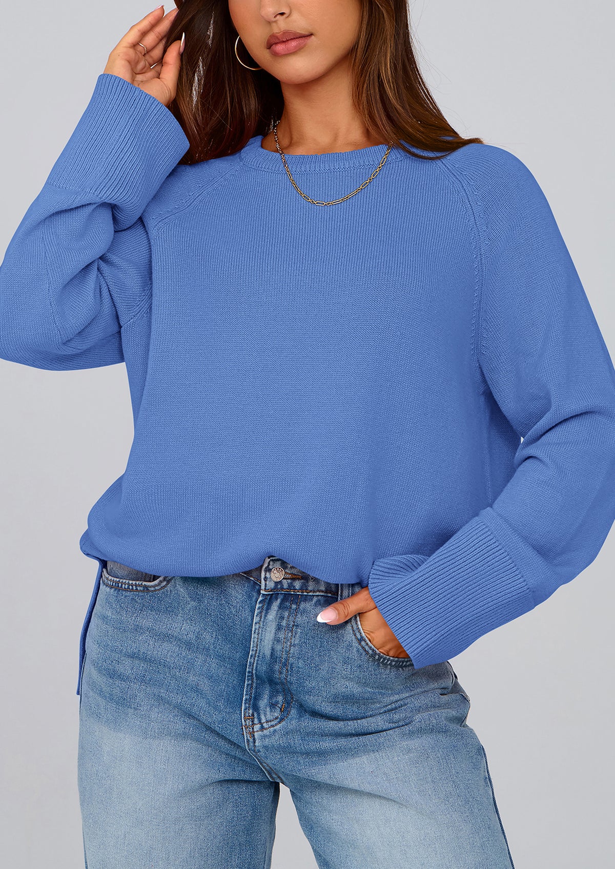 Knit Long Sleeve Crew Neck Split Hem Loose Oversized Tunic Sweaters