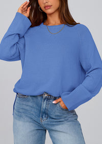 Knit Long Sleeve Crew Neck Split Hem Loose Oversized Tunic Sweaters