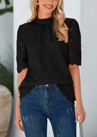 Short Sleeve Eyelet Embroidered Dressy Casual Blouse