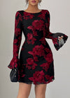 PRETTYGARDEN Women's Floral Embroidered Dress Fall Long Bell Sleeve Ribbon Flower Mini Short Mesh Bodycon Party Dresses