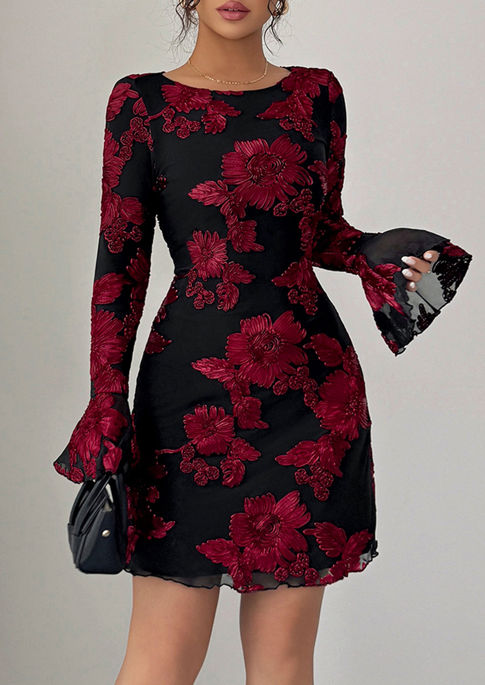 PRETTYGARDEN Women's Floral Embroidered Dress Fall Long Bell Sleeve Ribbon Flower Mini Short Mesh Bodycon Party Dresses