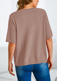 Button Down Casual Short Sleeve Crew Neck Ribbed Knit Shirts
