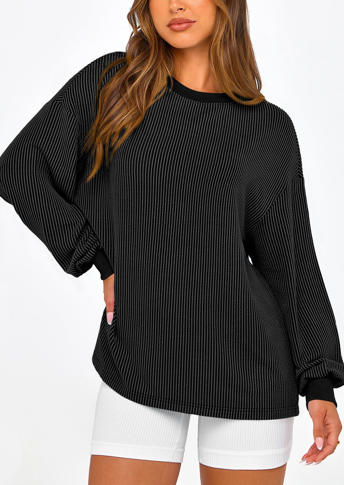 Long Sleeve Casual Loose Crew Neck Ribbed Blouse
