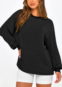 Long Sleeve Casual Loose Crew Neck Ribbed Blouse