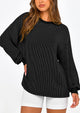 Long Sleeve Casual Loose Crew Neck Ribbed Blouse